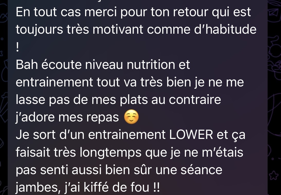 Message d’une cliente : « Je ne me lasse pas de mes plats, j’adore mes repas »